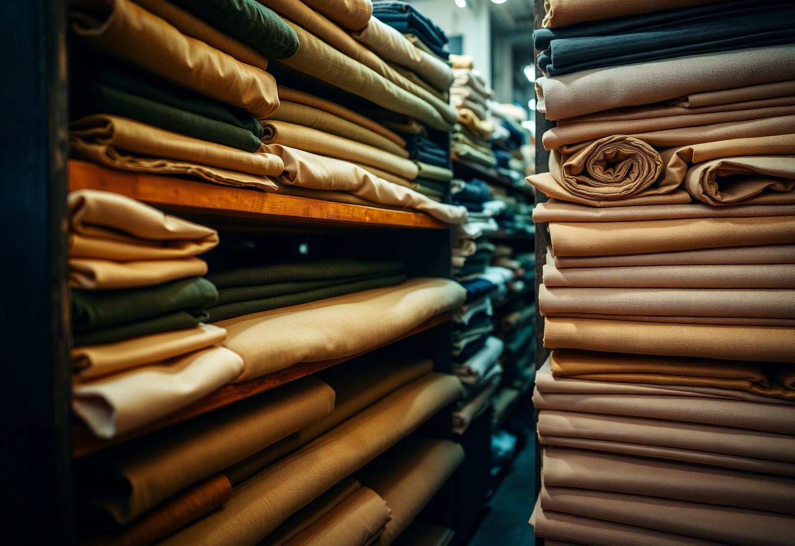 Fabric rolls stacked on shelves in a UAE textile warehouse