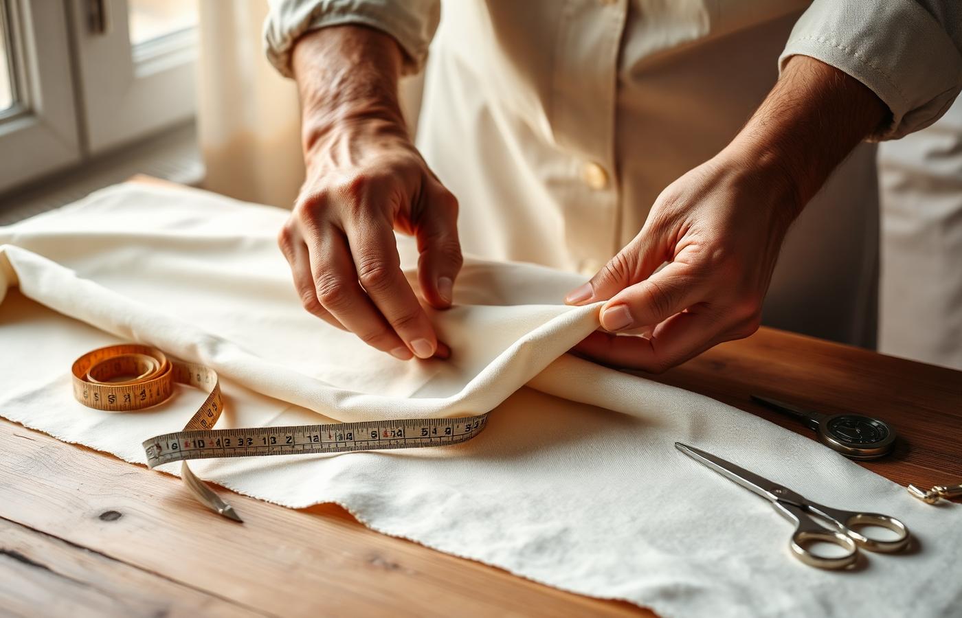 Hands inspecting cream fabric on a wooden tailoring table