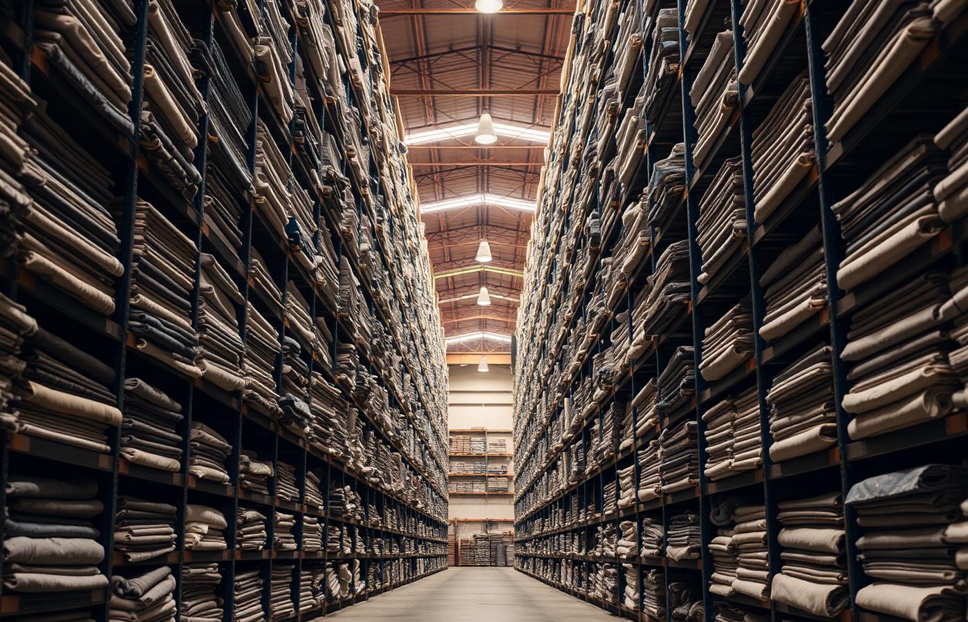 Textile warehouse interior with tall shelves of fabric